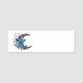 Blue butterflies on wooden crescent name tag