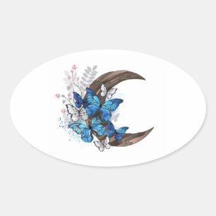 Blue butterflies on wooden crescent oval sticker