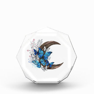 Blue butterflies on wooden crescent photo block
