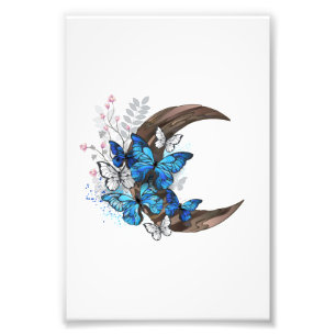 Blue butterflies on wooden crescent photo print