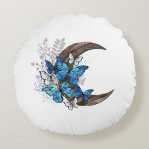 Blue butterflies on wooden crescent round pillow