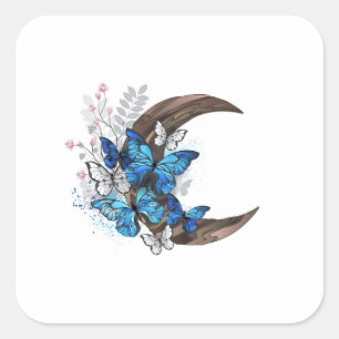 Blue butterflies on wooden crescent square sticker