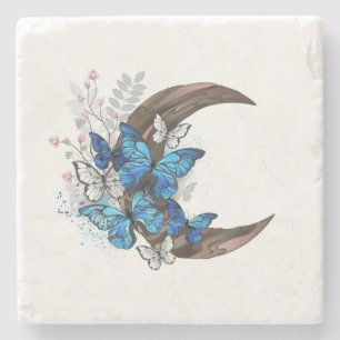 Blue butterflies on wooden crescent stone coaster