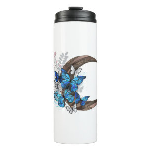 Blue butterflies on wooden crescent thermal tumbler
