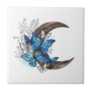 Blue butterflies on wooden crescent tile