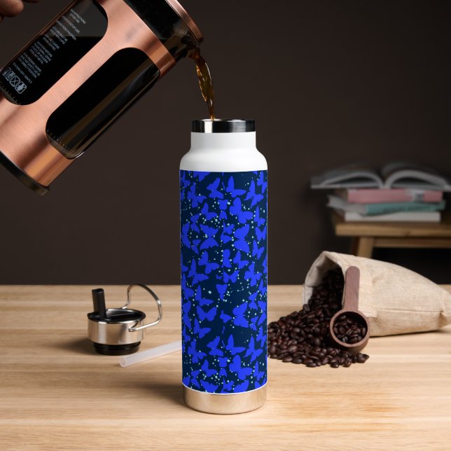 Blue Butterflies Pattern C01.b Dblue BG Water Bottle (Coffee)