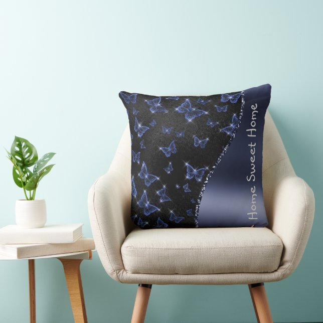 Blue Butterflies Pattern Glam Glitter Personalized Throw Pillow (Chair)