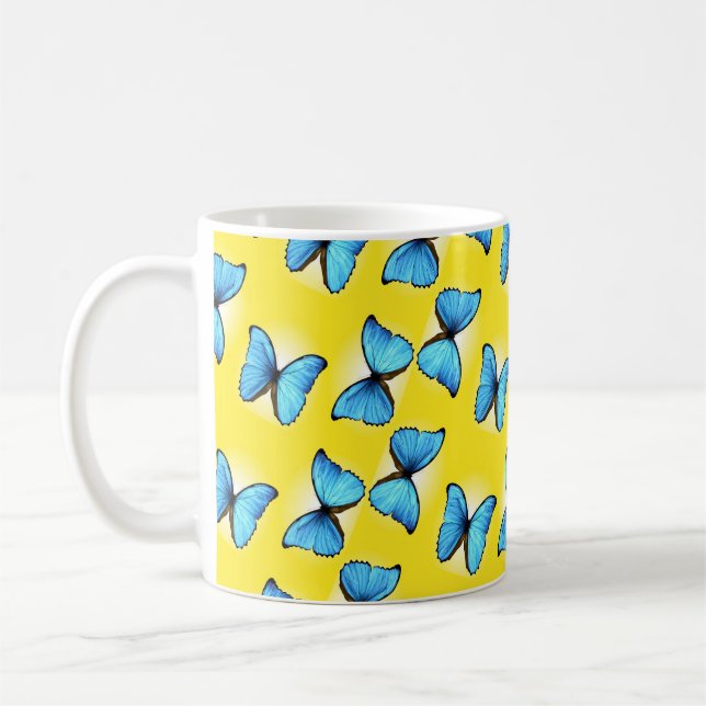 Blue butterflies pattern on yellow coffee mug (Left)