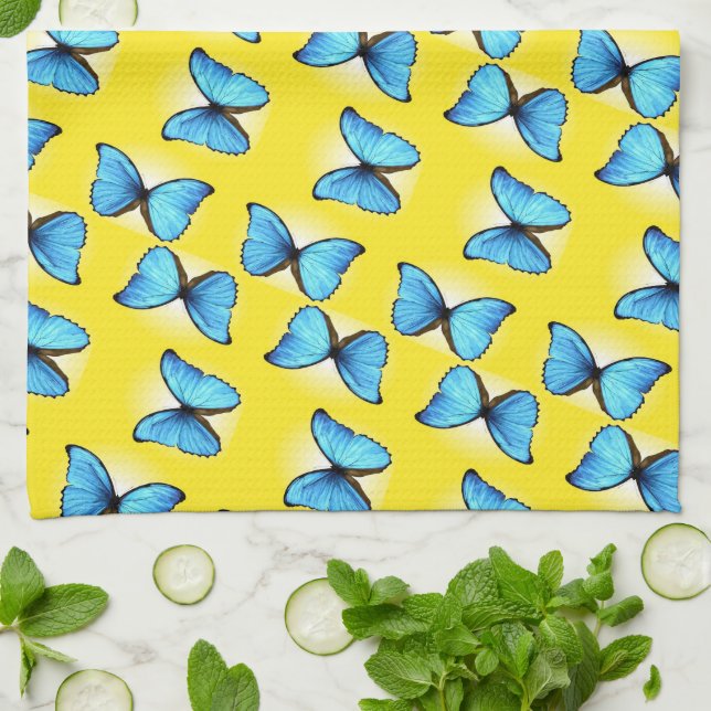 Blue butterflies pattern on yellow kitchen towel (Folded)