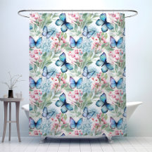 Blue butterflies, pink flowers,