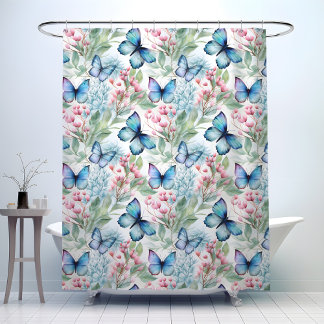 Blue butterflies, pink flowers,