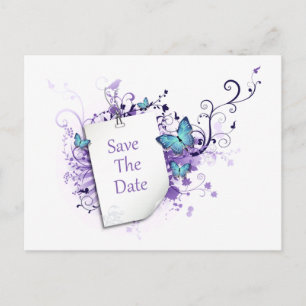 Blue Butterflies Purple Swirls Save The Date Announcement Postcard