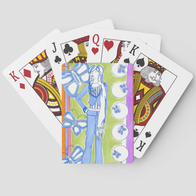 Blue Butterflies Surrounding Glamourous Girl Playing Cards (Back)