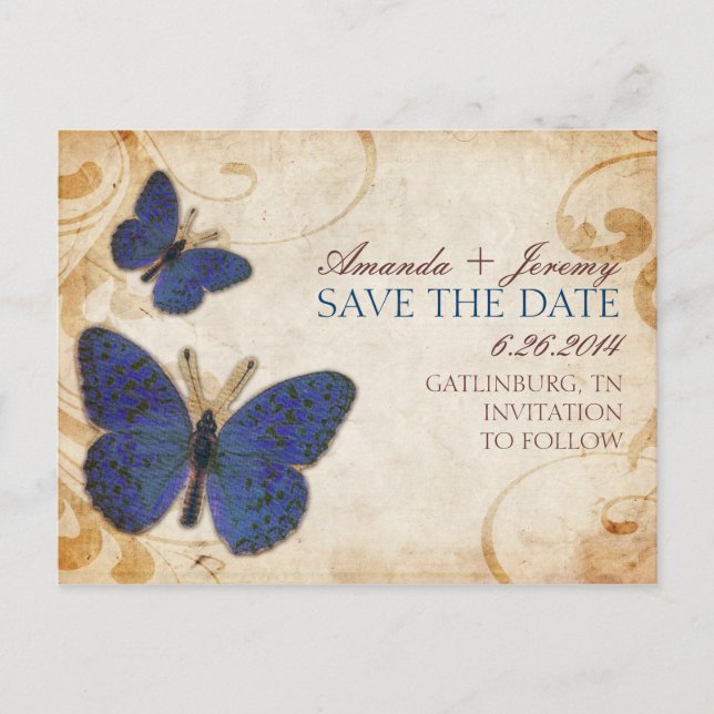 Blue Butterflies Vintage Save The Date Announcement Postcard (Front)