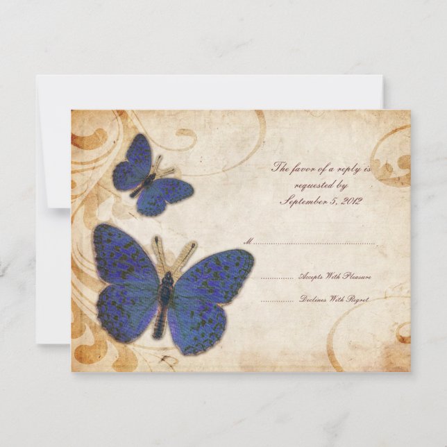 Blue Butterflies Vintage Wedding RSVP (Front)