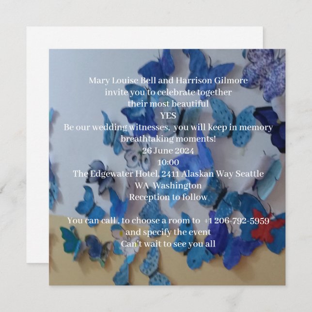 Blue Butterflies Wedding Invitation (Front/Back)