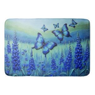 Blue Butterflies with Blue Flowers, Bath Mat