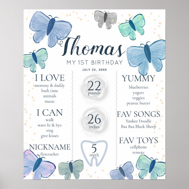 Blue Butterfly 1st Birthday Milestone Poster (Front)