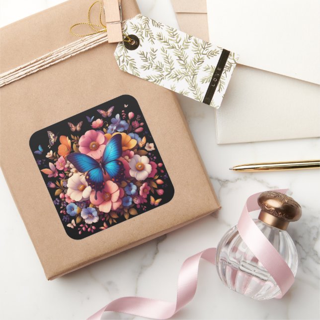 Blue butterfly and flowers pattern square sticker (Gifting)