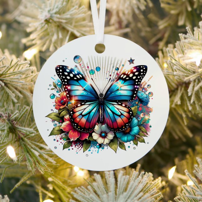 Blue Butterfly and Flowers  Personalized Christmas Metal Ornament (Insitu)