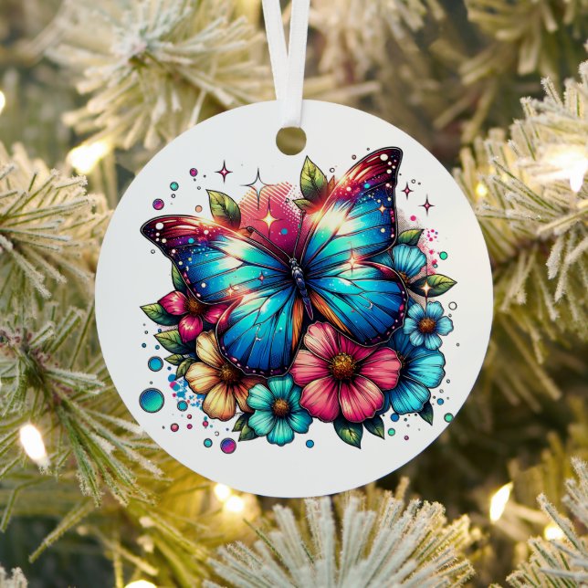Blue Butterfly and Flowers  Personalized Christmas Metal Ornament (Insitu)