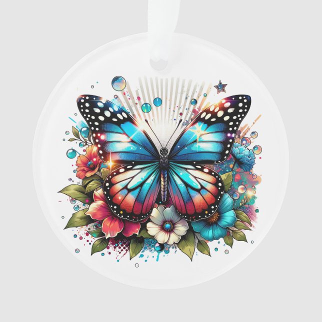 Blue Butterfly and Flowers Personalized Christmas Ornament (Front)
