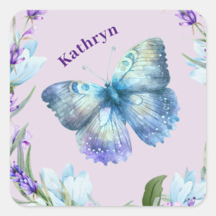 Blue Butterfly and Lavender Personalized Square Sticker