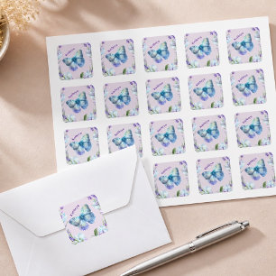 Blue Butterfly and Lavender Personalized Square Sticker