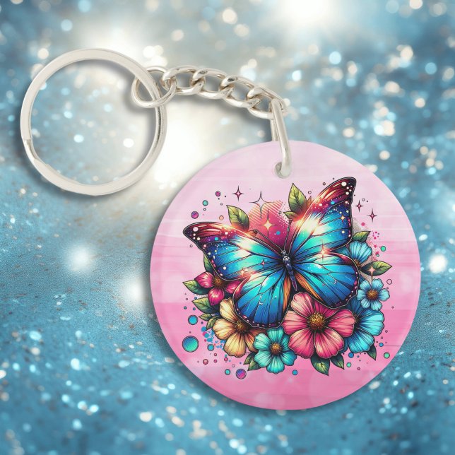 Blue Butterfly and Pink Flowers Personalized Keychain (Creator Uploaded)