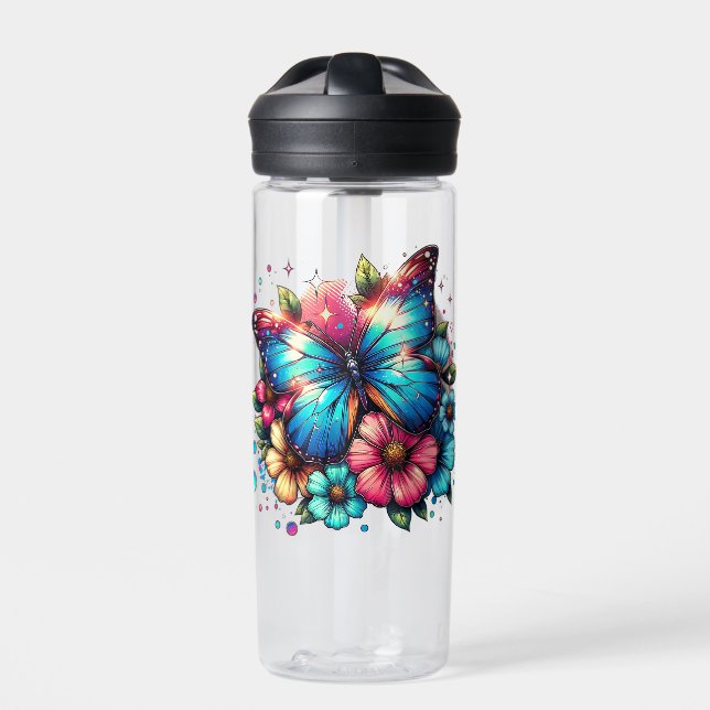 Blue Butterfly and Pink Flowers Personalized Water Bottle (Front)