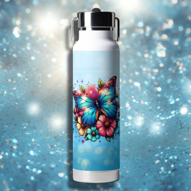 Blue Butterfly and Pink Flowers Personalized Water Bottle (Creator Uploaded)