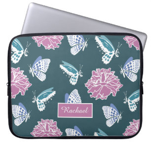 Blue Butterfly and Pink Rose Pattern Personalised Laptop Sleeve
