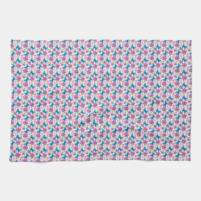 Blue Butterfly and Purple Floral Pattern Kitchen Towel (Horizontal)