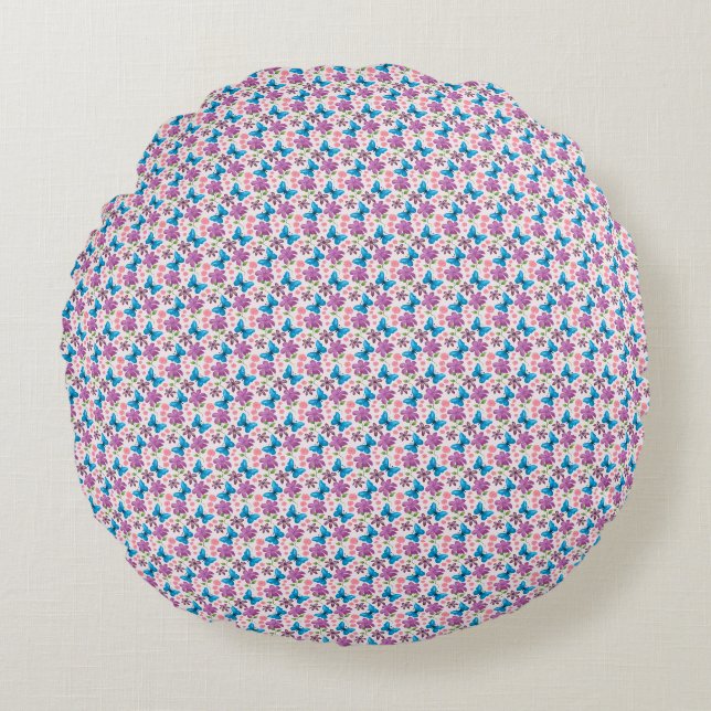 Blue Butterfly and Purple Floral Pattern Round Pillow (Front)