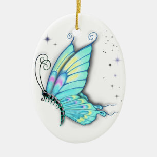 Blue Butterfly and stars Ceramic Ornament