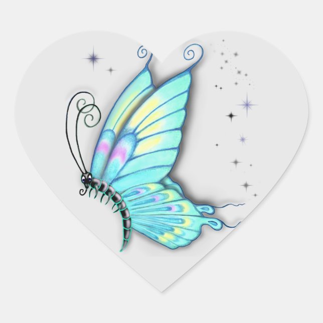 Blue Butterfly and stars Heart Sticker (Front)