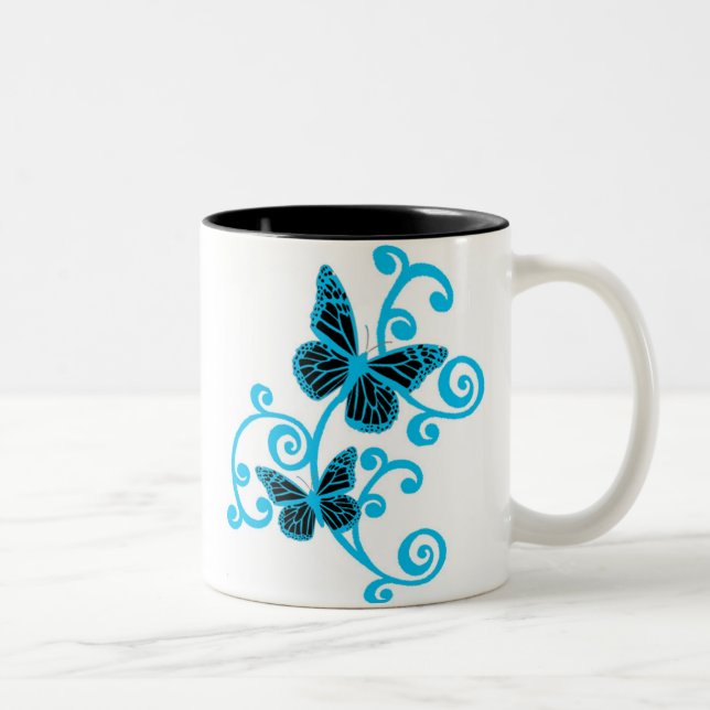 Blue Butterfly And Swirls Two-Tone Coffee Mug (Right)