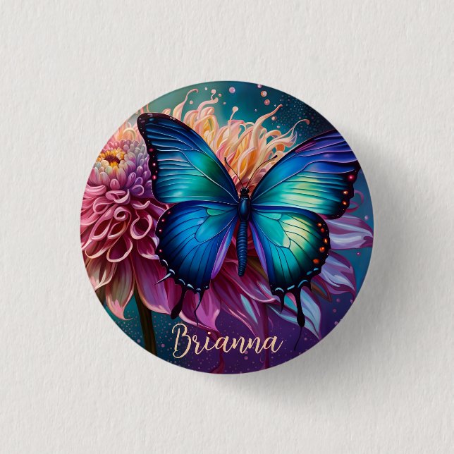  Blue butterfly and the Dahlia 1 Inch Round Button (Front)