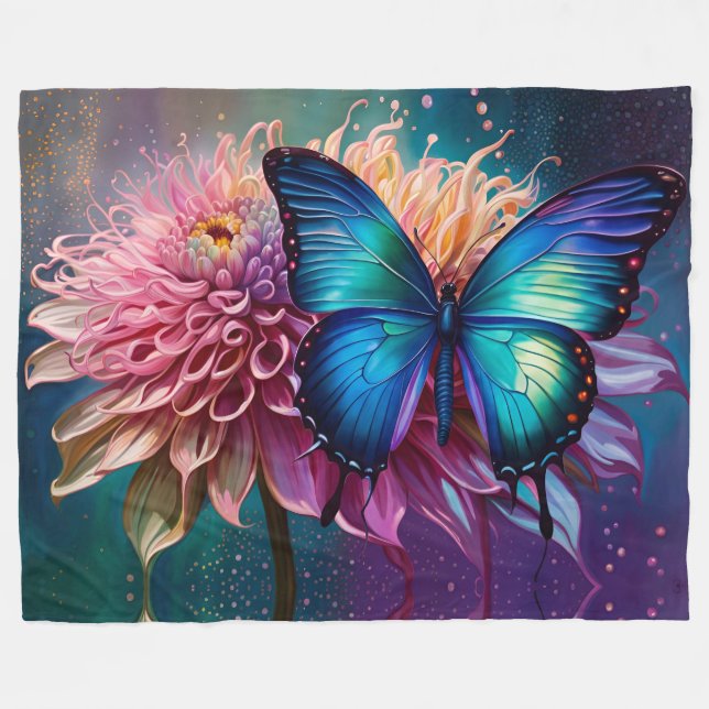  Blue butterfly and the Dahlia Fleece Blanket (Front (Horizontal))