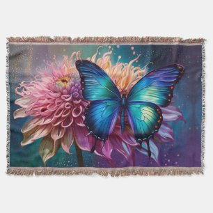 Blue butterfly and the Dahlia Throw Blanket