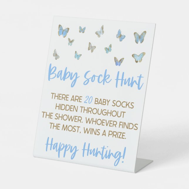 Blue Butterfly Baby Sock Hunt Baby Shower Game Pedestal Sign (Front)