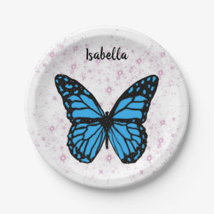 blue butterfly background paper plate