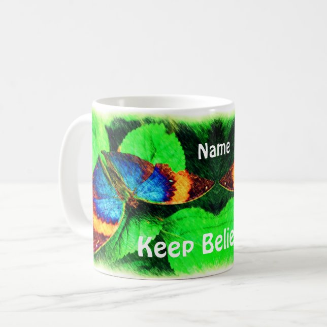 Blue Butterfly Believe Inspirational Words  Coffee Mug (Front Left)