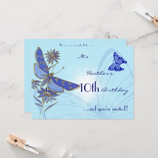 Blue Butterfly Birthday Invitation Card (Front/Back In Situ)