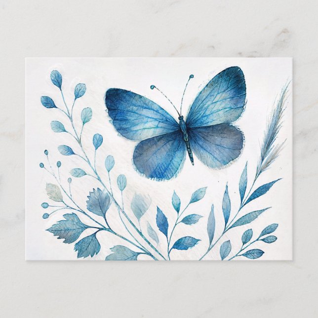 Blue Butterfly Botanical Watercolor Postcard (Front)