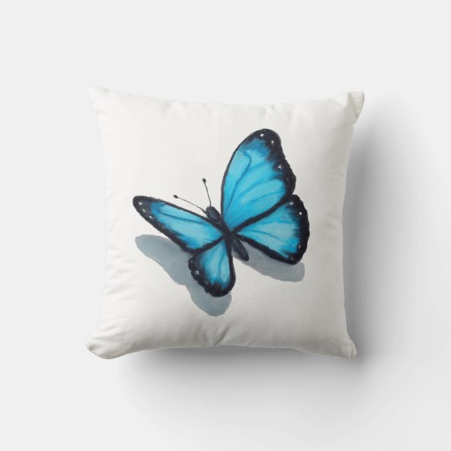 Blue Butterfly, Colour Pencil Drawing, Realism Art Throw Pillow (Front)