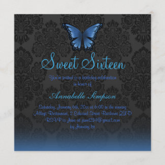 Blue Butterfly & Damask Sweet16 Invite