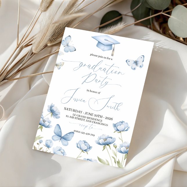 Blue Butterfly Floral Graduation Invitation (Creator Uploaded)