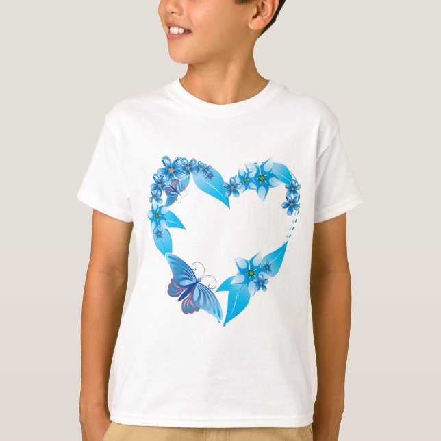 Blue Butterfly Floral Heart T-Shirt (Front)