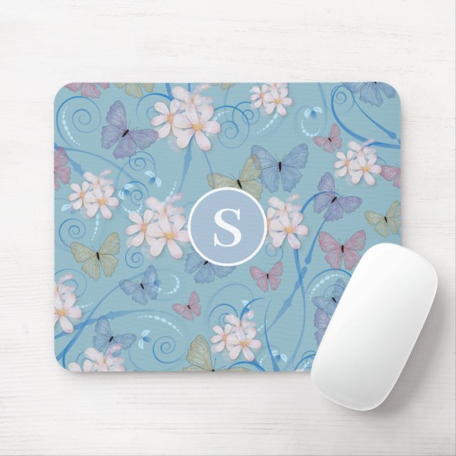 Blue Butterfly Floral Monogram Mousepad (With Mouse)